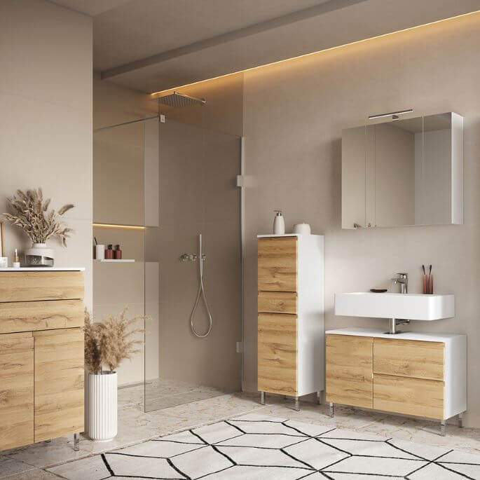 Colonne de salle de bain contemporaine H 120 chêne/blanc Elegance